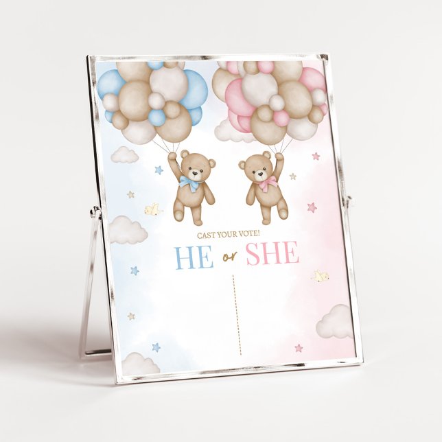 Poster Panneau de Révélation du Sexe de l'Ours Il ou Elle (Bear Balloon He or She Gender Reveal He or She Sign)