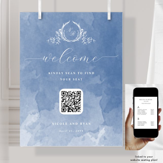 Poster Panneau de siège Dusty Blue Mariage Monogramme QR  (Créateur téléchargé)