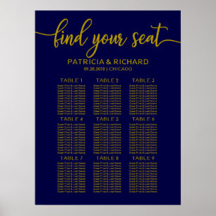 Poster Panneau de siège mariage Gold Navy Blue