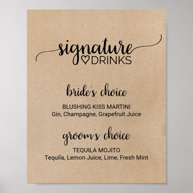 Poster Panneau de signature de boissons Simple Faux Kraft (Devant)