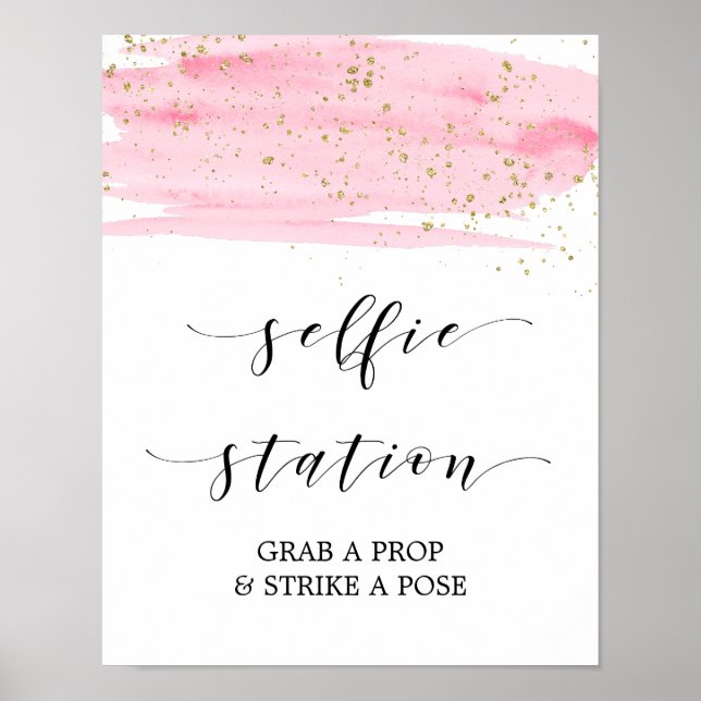 Poster Panneau de station Aquarelle rose et or Selfie (Devant)