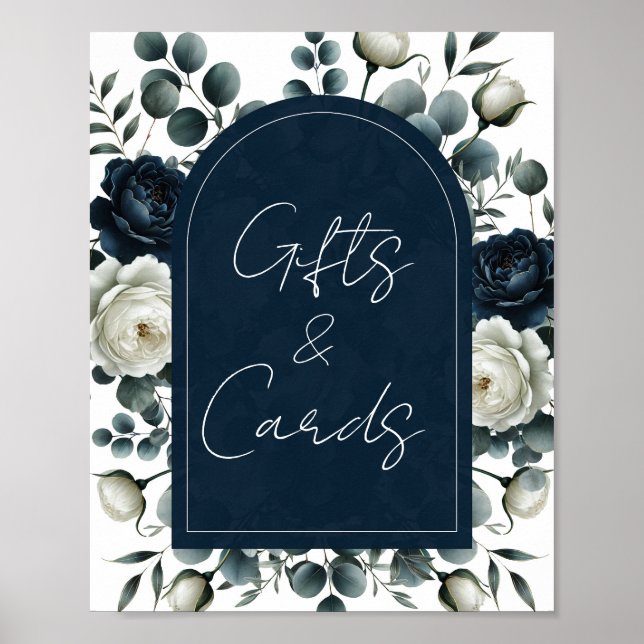 Poster Panneau de table Fleurs foncé bleu et blanc Cadeau (Devant)