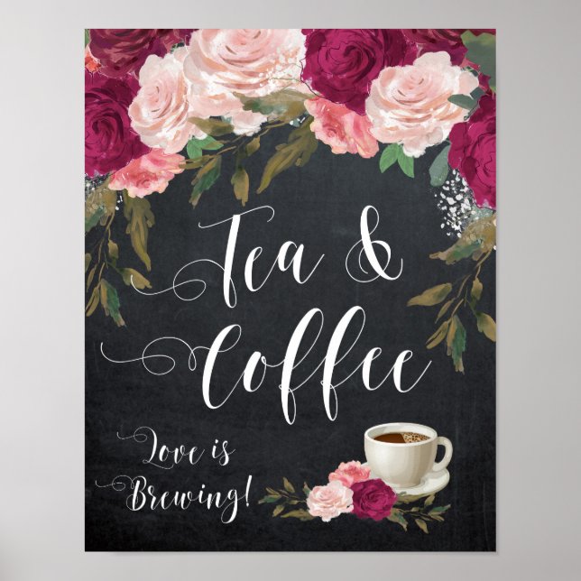Poster panneau de thé et café floral bordeaux mariage (Devant)
