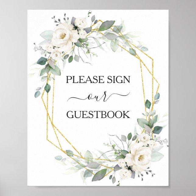 Poster Panneau d'hôte mariage à cadre or fleuri blanc (Devant)
