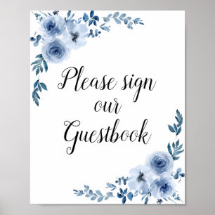 Poster panneau d'hôte mariage à fleurs bleues poussiéreus