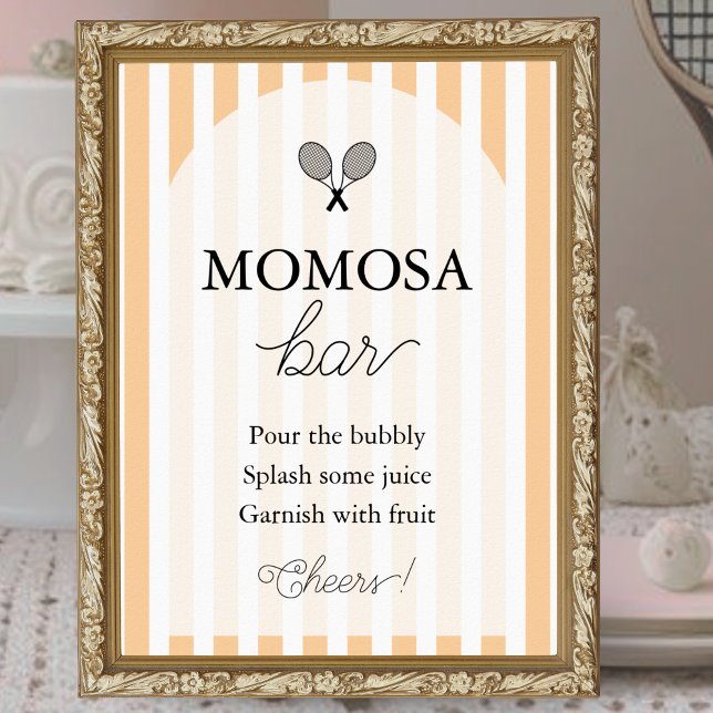 Poster Panneau du Baby shower de tennis orange chic Momos (elegant orange and white striped momosa bar tennis theme baby shower sign displayed in gold frame )