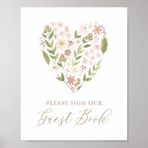 Poster Panneau du Baby shower du coeur rose fleuri