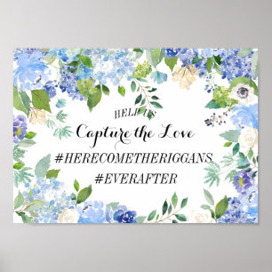 Poster Panneau du Hashtag Mariage Blue Hydrangea