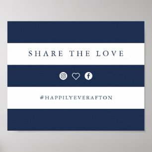 Poster Panneau du Hashtag Mariage Navy & White Stripe