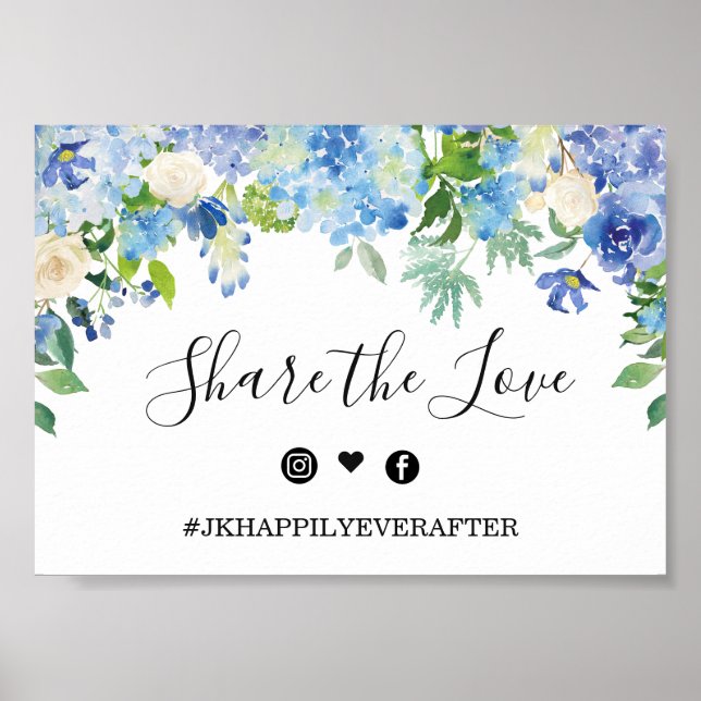Poster Panneau du Mariage Blue Hydrangea Greenery (Devant)