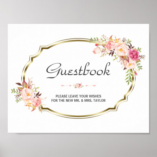 Poster Panneau du Mariage Chic Rose Floral Or (Devant)