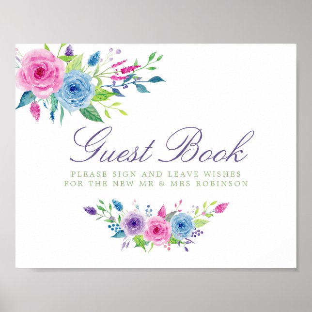 Poster Panneau du Mariage Floral Aquarelle (Devant)