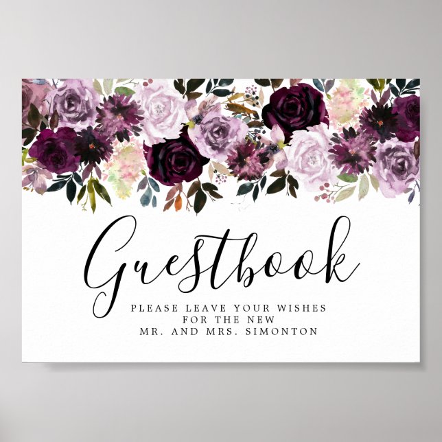 Poster Panneau du Mariage Floral rose pourpre (Devant)
