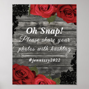 Poster Panneau du Mariage Red Roses Rustic Black Lace