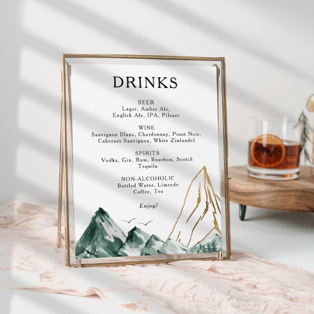 Poster Panneau du menu Boissons Mariage Green et Gold Mou (Créateur téléchargé)