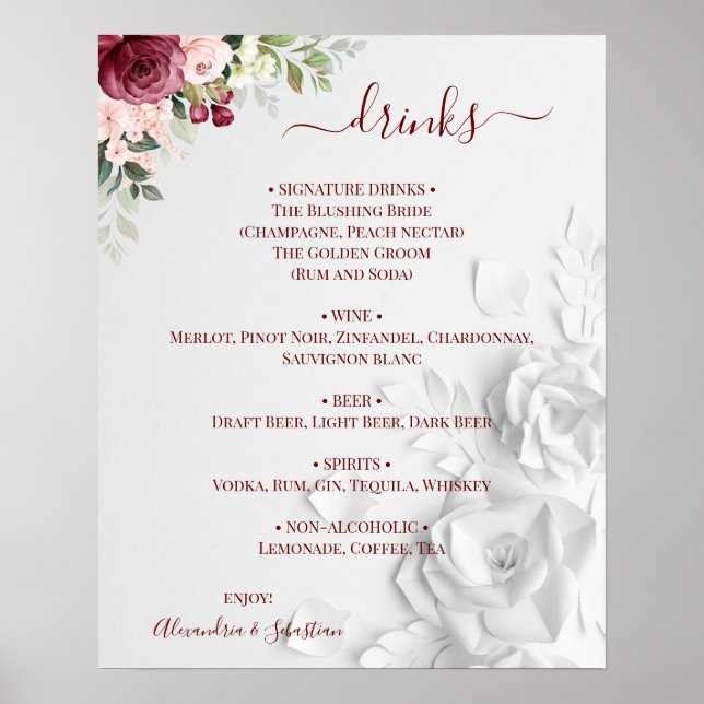 Poster Panneau du menu Floral Mariage Boissons (Devant)