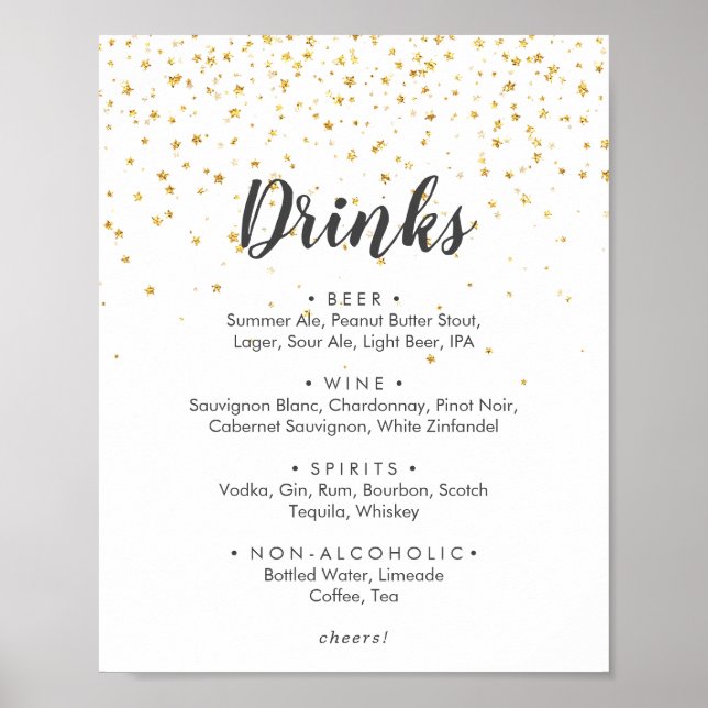 Poster Panneau du menu Gold Confetti Mariage Boissons (Devant)