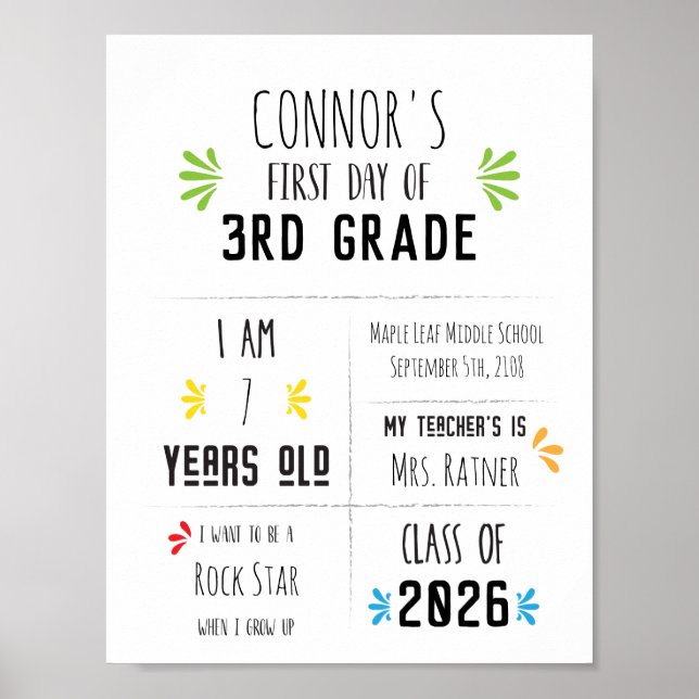 Poster Panneau du premier jour de l'école pour enfants (Devant)