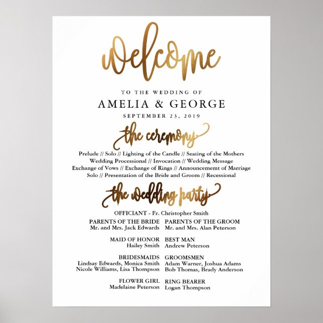 Poster Panneau du programme de mariage Gold Black Welcome (Devant)