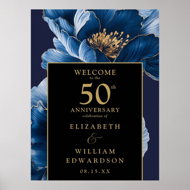 Poster Panneau Floral Bleu Noir Et Or 50ème Anniversaire (Devant)