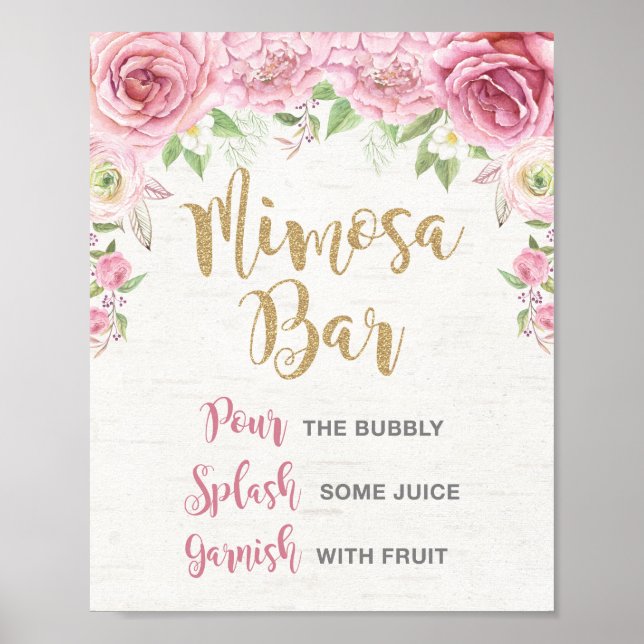 Poster Panneau Floral Mimosa Bar Mariage rose or (Devant)