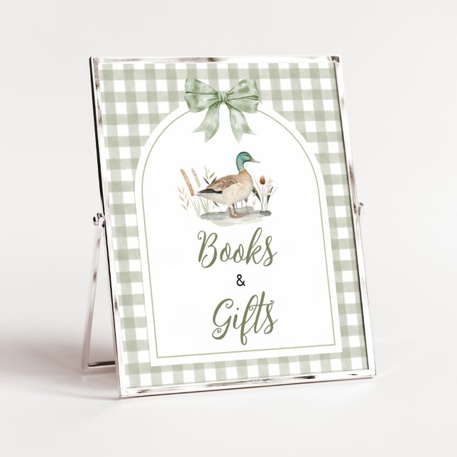 Poster Panneau Livres et Cadeaux Canard Mallard Gingham p (Sage Green Gingham Mallard Duck Hunting Country Baby Shower Sign )