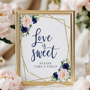 Poster Panneau Love Is Sweet Fleurs Or Bleu Marine