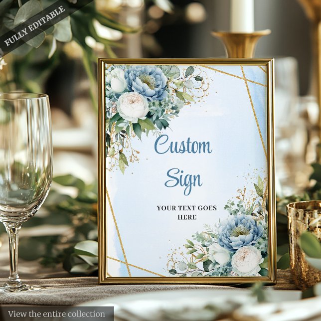 Poster Panneau Mariage Aquarelle Parties scintillant or b (Watercolor Blue Gold Glitter Greenery Wedding Sign)