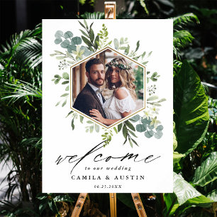 Poster Panneau Mariage Aquarelle Vert Or Hexagon