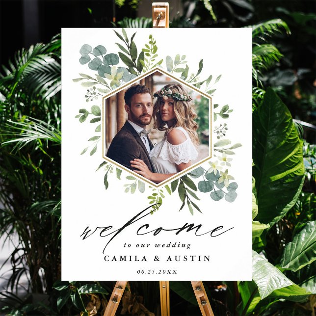 Poster Panneau Mariage Aquarelle Vert Or Hexagon (Créateur téléchargé)
