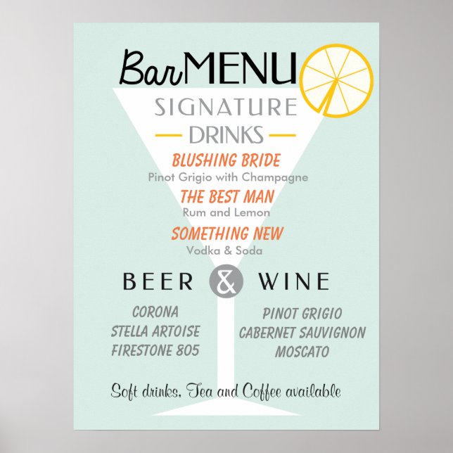 Poster Panneau mariage Bar, signature cocktail, Boisson. (Devant)