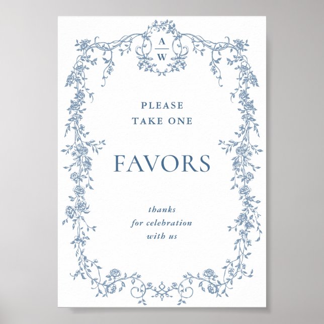 Poster Panneau Mariage bleu Dusty Flower victorien Faveur (Devant)