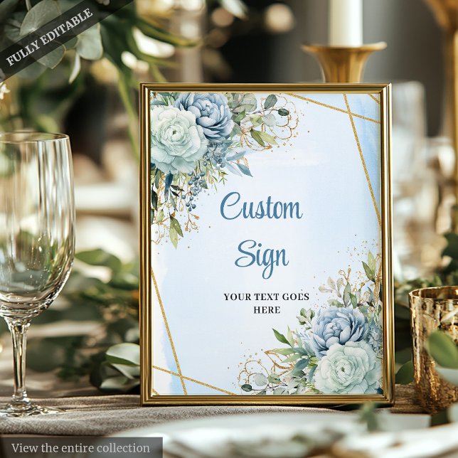 Poster Panneau Mariage Boho Dusty Blue Floral Gold Frame (Boho Dusty Blue Floral Gold Frame Wedding Sign)