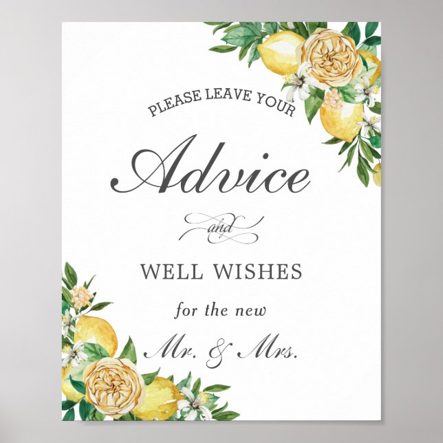 Poster Panneau Mariage Chic Lemon Floral Conseils et souh (Devant)