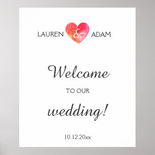 Poster Panneau mariage d'accueil watercolo coeur, noms pe