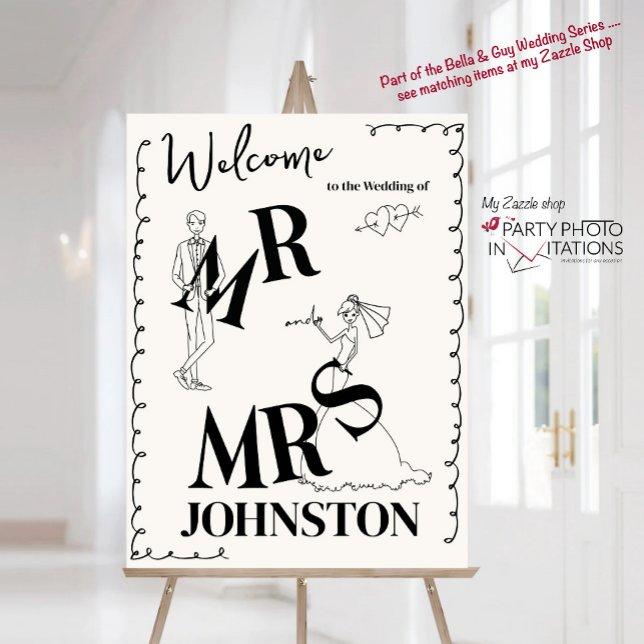 Poster Panneau Mariage de bienvenue dessiné à la main, gr (Bella & Guy hand drawn scribble Welcome Sign)