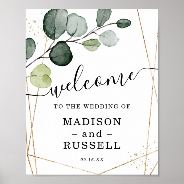 Poster Panneau Mariage de bienvenue Eucalyptus Cadre Or (Devant)