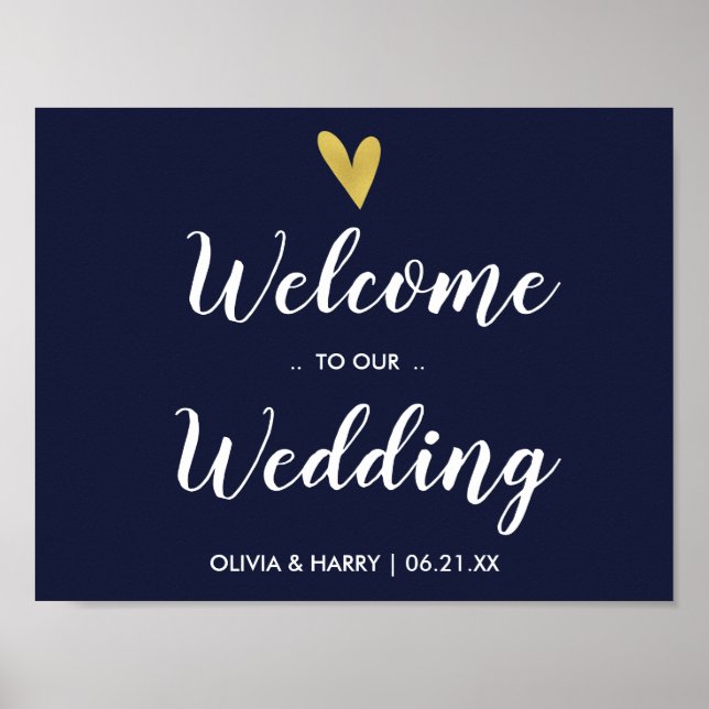 Poster Panneau Mariage de bienvenue Gold Heart Marine (Devant)