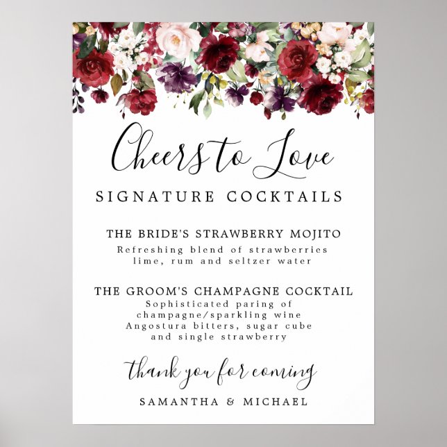 Poster Panneau Mariage de cocktails Red Floral Signature (Devant)