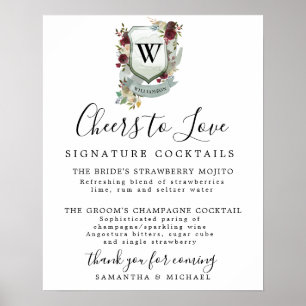 Poster Panneau Mariage de la barre de cocktails Monogram 