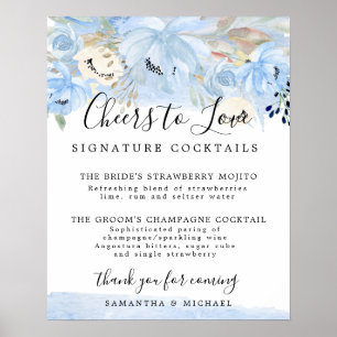 Poster Panneau Mariage de la signature Florale Bleue Cock