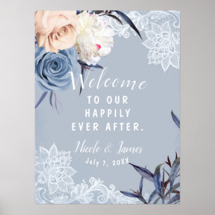 Poster Panneau Mariage dentelle florale bleu foncé et bra