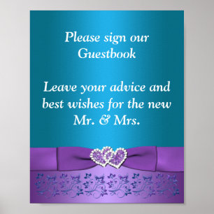 Poster Panneau Mariage des Coeurs Floraux Turquoises et p