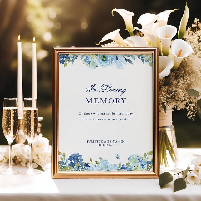 Poster Panneau Mariage Dusty Blue Floral In Love Memory (Dusty blue, floral In Loving Memory wedding memorial sign)
