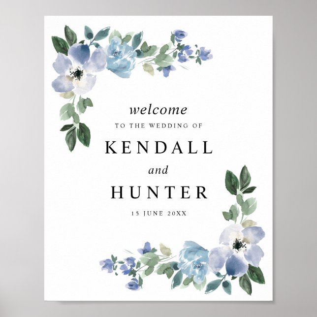 Poster Panneau mariage floral bleu et vert (Devant)