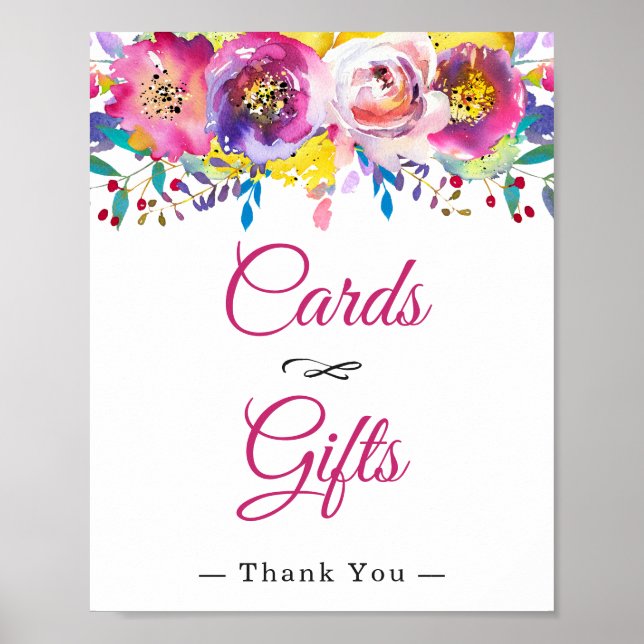 Poster Panneau Mariage Floral Fuchsia Gold Cartes et Cade (Devant)