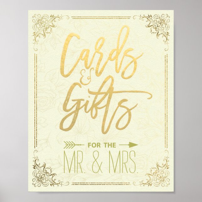 Poster Panneau Mariage Gold Script Floral Cartes Cadeaux  (Devant)