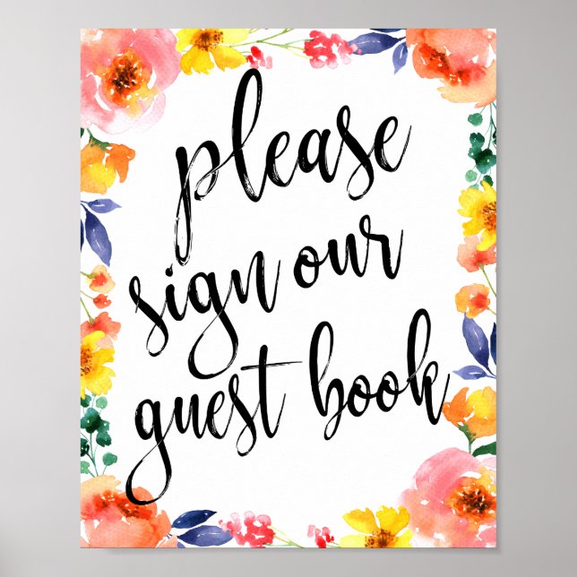 Poster Panneau mariage Livre d'hôtes Floral Aquarelle 8x1 (Devant)