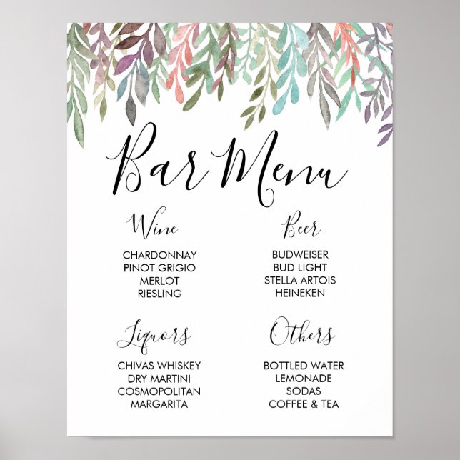 Poster Panneau mariage - Menu Barre Aquarelle Vert Signal (Devant)