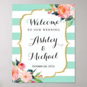 Poster Panneau Mariage moderne Mint Green Stripes Floral